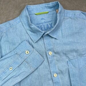 Tommy Bahama Sea Glass Breezer Linen Shirt Men Large Blue Breathable Logo Pocket